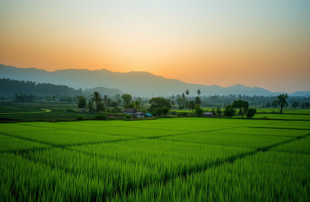 Lush green paddy fields and a village at golden hour